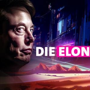 Cover des Podcasts "Die Elon Musk Story". Gesicht des Milliadärs Elon Musk vor Mars Landschaft.