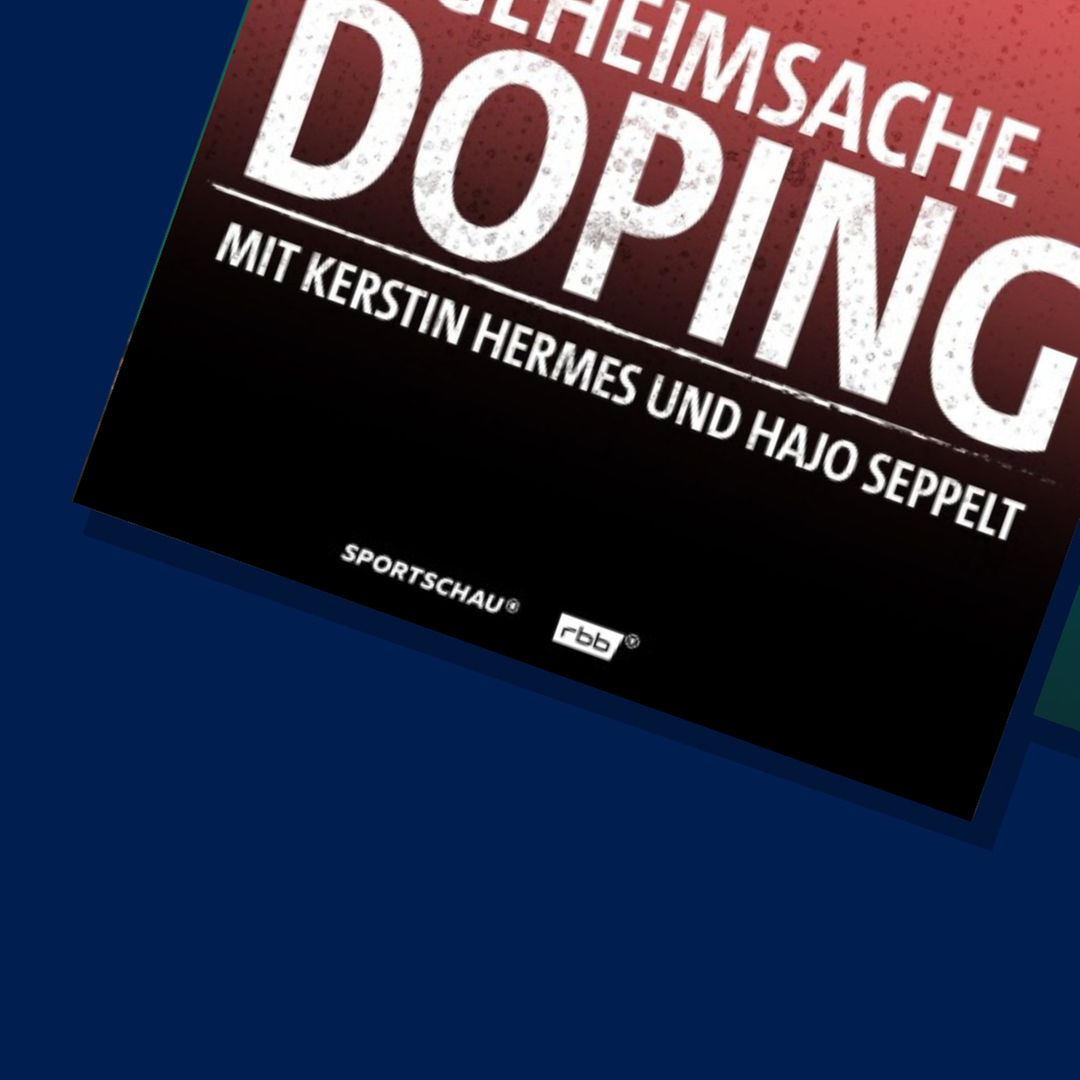 Podcastcover von Geheimsache Doping und dem Podcast Sport Inside vor blauem Hintergrund