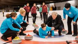 Maren (Inka Friedrich, Mitte) stürzt beim Curling, Hausarzt Dr. Huber (Kai Lentrodt, 2. v. re.) hilft ihr auf die Beine.