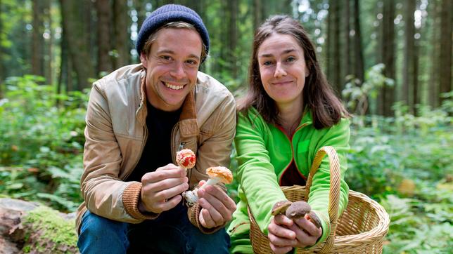 Tobi und Pilzexpertin Annett haben viele Pilze gefunden. Annetts Maronenröhrlinge schmecken lecker, aber Vorsicht: Tobis Fliegenpilz ist giftig! Weiteres Bildmaterial finden Sie unter www.br-foto.de.