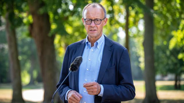 Friedrich Merz, CDU-Bundesvorsitzender und CDU/CSU-Fraktionsvorsitzender im Bundestag, spricht vor Beginn der Klausurtagung des Geschäftsführenden Vorstands der CDU/CSU-Fraktion des Bundestags vor dem Schloss Neuhardenberg. 