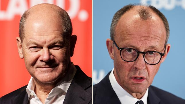 Olaf Scholz (SPD) (links); Friedrich Merz (CDU) (rechts)