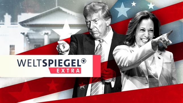 Kamala Harris und Donald Trump: Collage vor amerikanischer Flagge