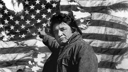 Johnny Cash zeigt auf eine heruntergekommene US-Flagge