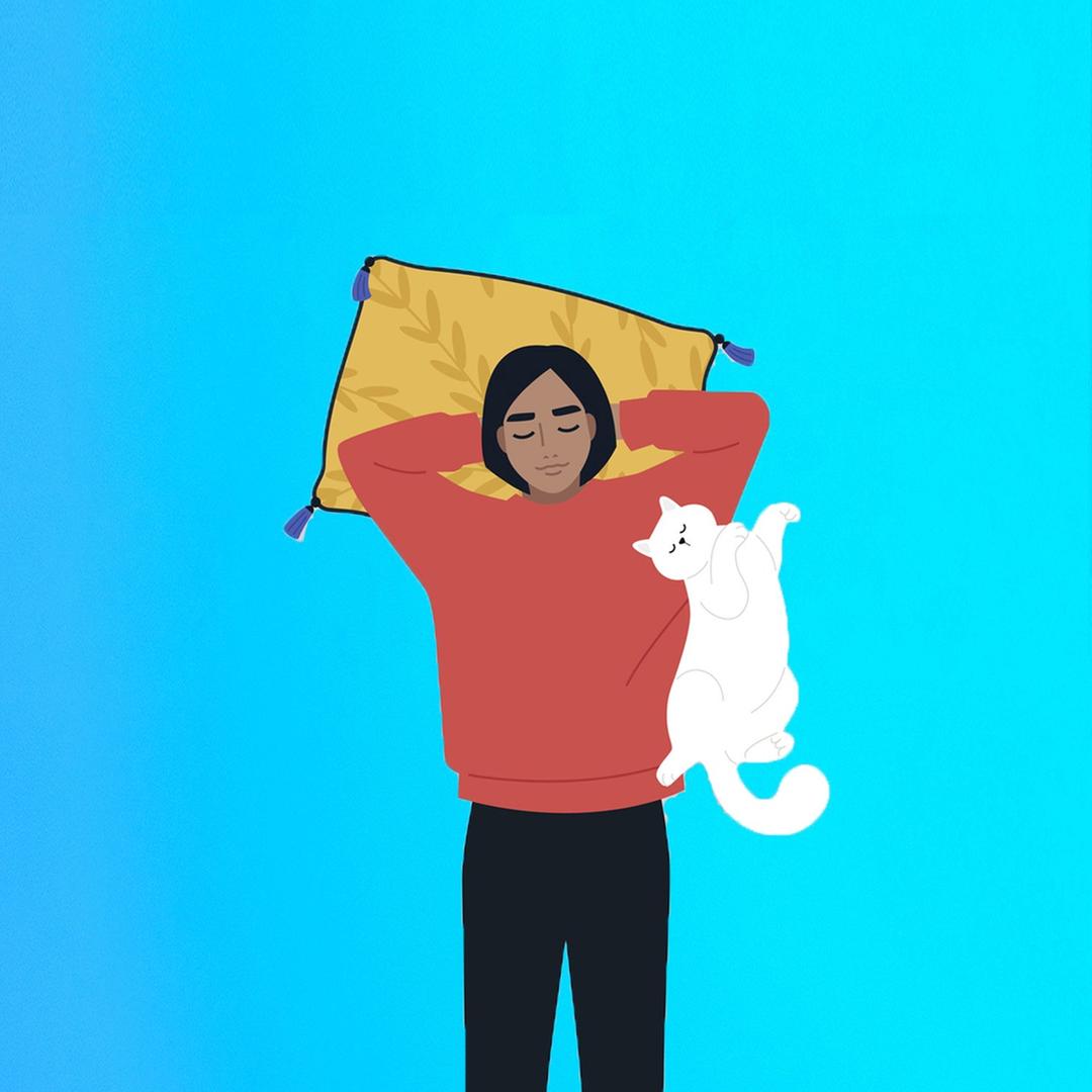 Grafik: Eine Frau schläft, neben ihr liegt eine weiße Katze