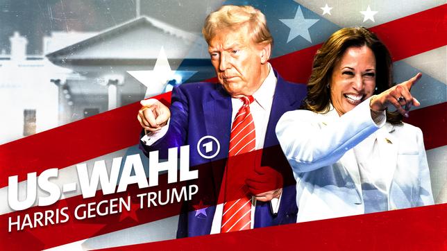 Kamala Harris und Donald Trump: Collage vor amerikanischer Flagge