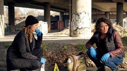 Johanna Stern (Lisa Bitter) und Lena Odenthal (Ulrike Folkerts) analysieren den Tatort: Frau Lutz wurde ungebremst angefahren, weil sie die Entführung des Nachbarjungen beobachtet hatte.