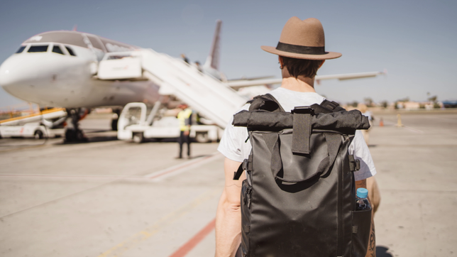 Mann mit Gepäck vor Flugzeug