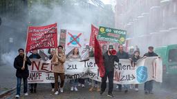 Der Demonstrationszug gegen Tierversuche bewegt sich in Richtung des Wagens, in dem angeblich eine Bombe versteckt ist.