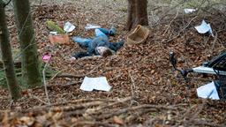 Eine weibliche Leiche (Komparsin) liegt im Wald. Die Frau muss mit dem Fahrrad gestürzt sein. Um sie herum liegen einige Blätter Papier.